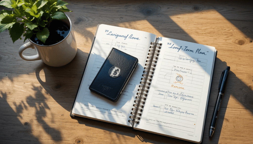 Hardware wallet stored in drawer with notebook and pen.