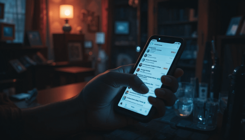 Phone scrolling through crypto tweets at night