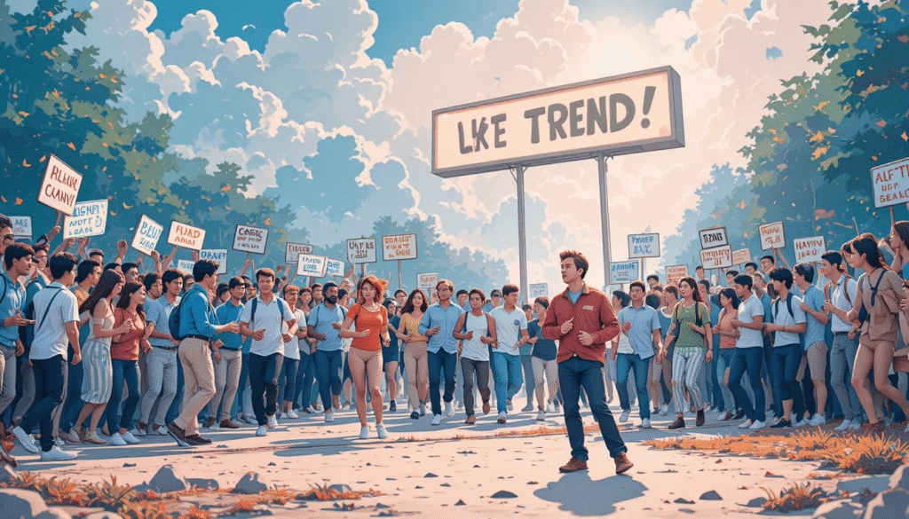 Crowd running toward “new trend” sign while one person stands confused.