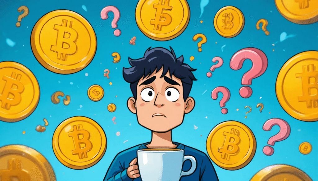  floating crypto coins and question marks.
