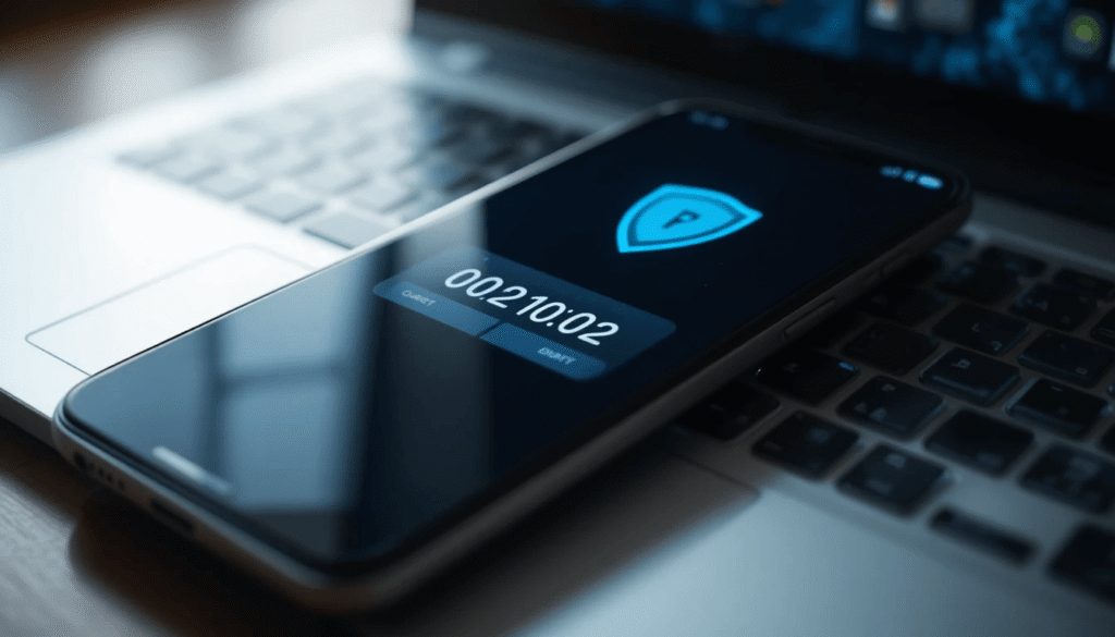 Phone displaying authentication code with shield icon and laptop in background.