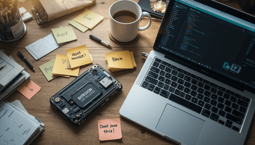  Close-up of hardware wallet device connected to laptop.