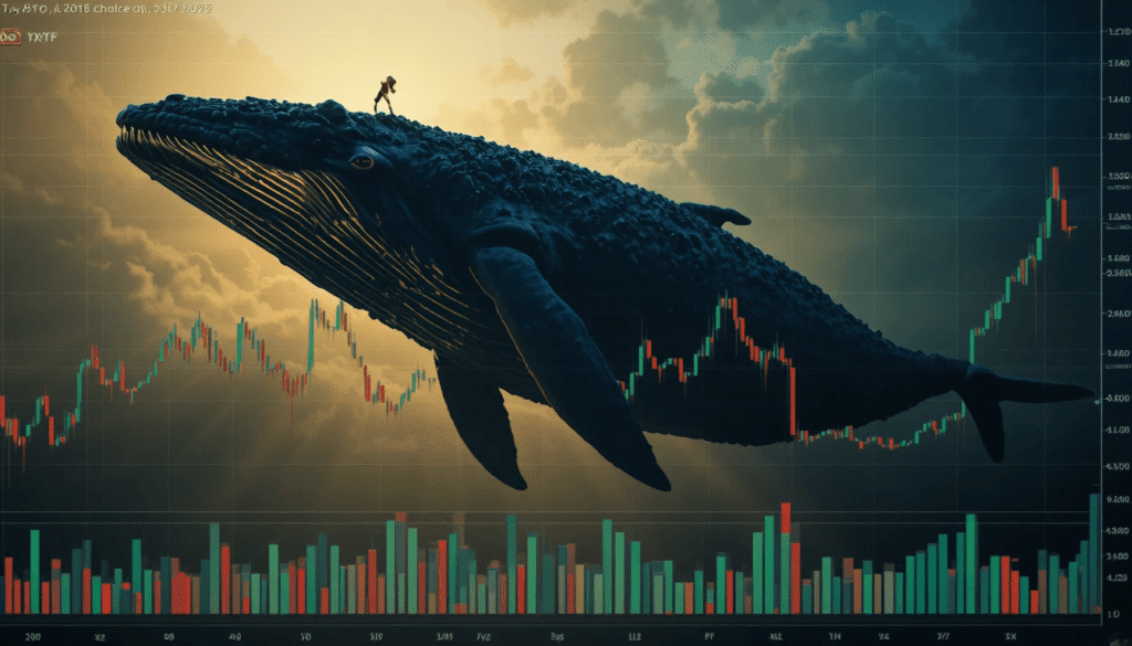  Crypto chart with giant whale silhouette overlay pushing price lines down