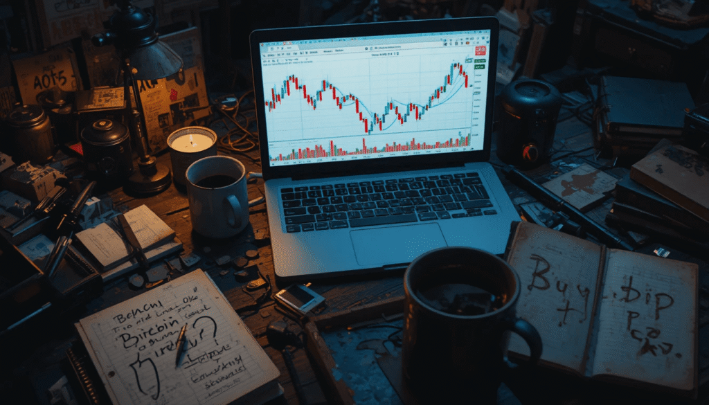  Late-night phone screen showing mixed crypto headlines, tired person watching.