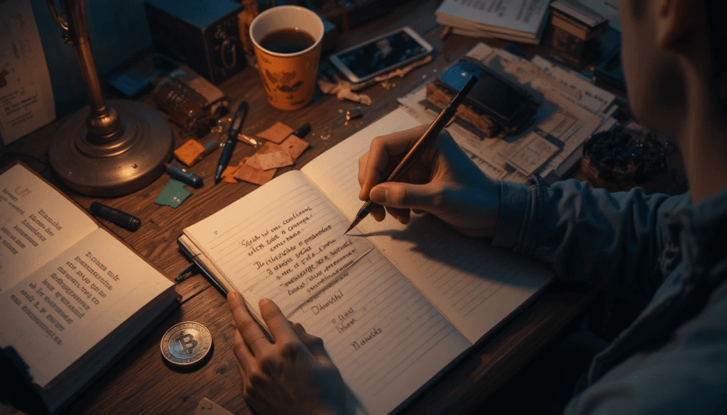 Overhead shot of person writing seed phrase in notebook