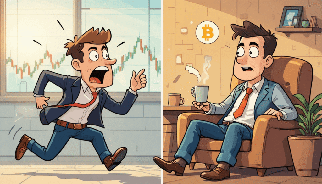 Cartoon of panicked trader running while calm long-term holder relaxes with coffee.