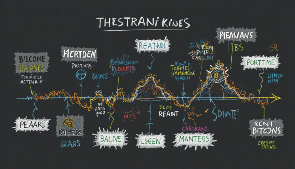  Simple visual timeline of Bitcoin cycles with peaks and dips labeled.