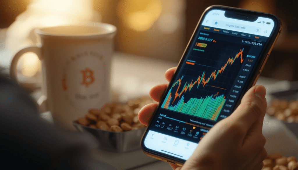 Person checking phone with shocked expression as Bitcoin chart spikes.