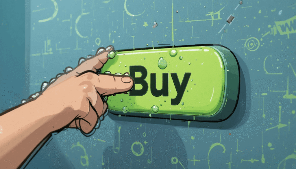 Cartoon person hovering finger over “Buy” button while sweat drops form.