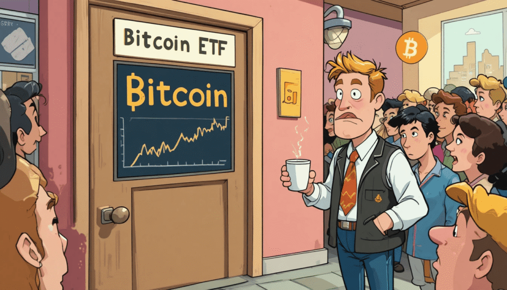 Bitcoin ETF” door while confused trader watches chart
