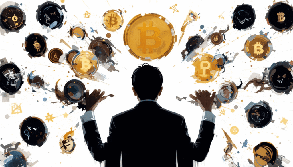  Cartoon showing multiple referees pointing different directions on a crypto field.