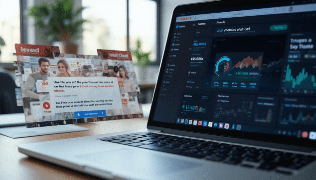 Laptop showing fake phishing email next to real crypto dashboard.