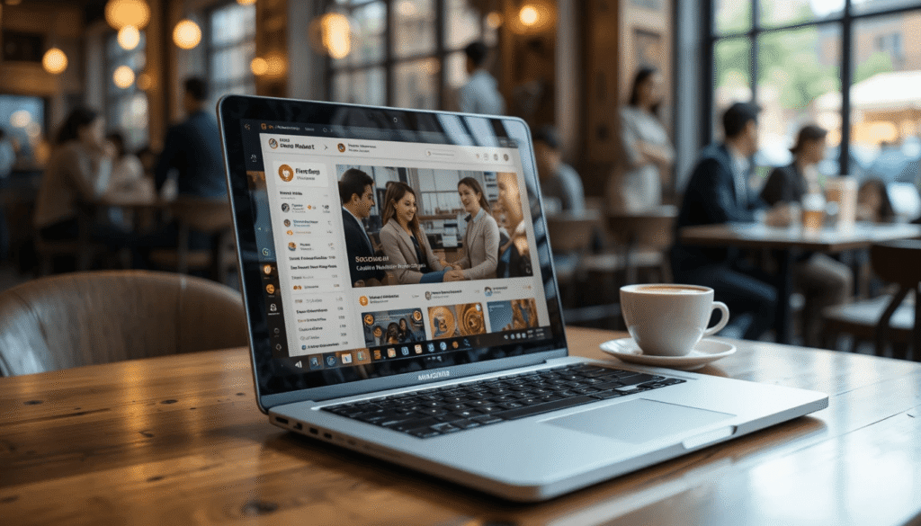 Side view of laptop in coffee shop