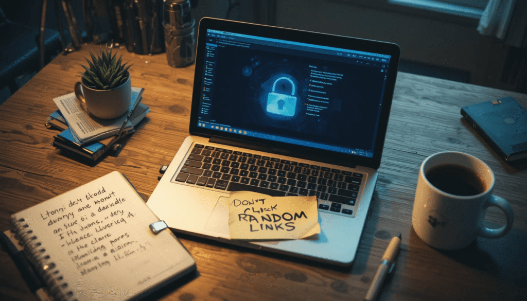 Notebook with handwritten recovery phrase partially blurred, lock icon nearby.