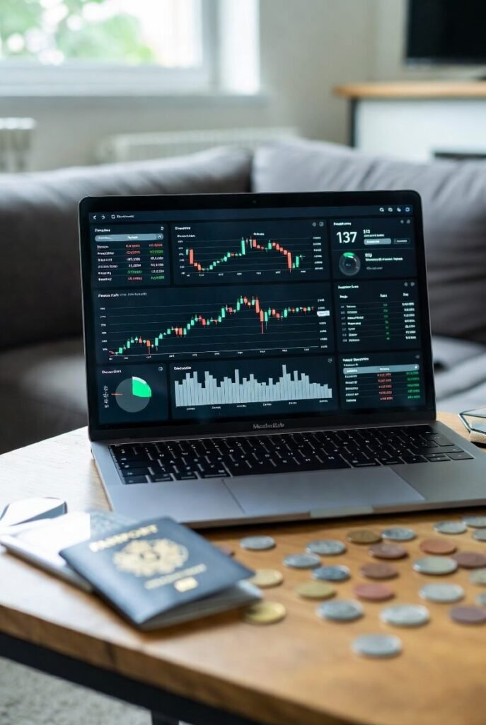 coffee table with laptop showing crypto dashboard, passport, and scattered coins.