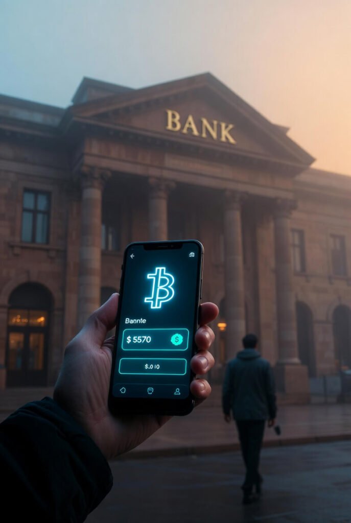 a person holding a phone displaying a crypto wallet while standing in front of a traditional bank building.